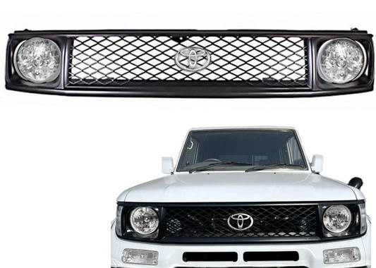 Toyota Land Cruiser Prado 71/78 Series Round Eye Conversion Kit - Matte Black Mesh Grille, Emblem Stay & 7-inch Crystal Headlights Set
