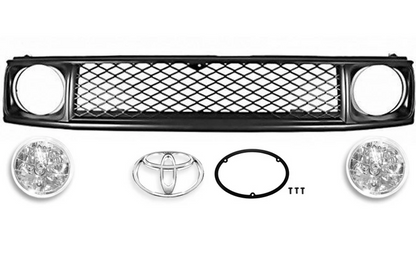 Toyota Land Cruiser Prado 71/78 Series Round Eye Conversion Kit - Matte Black Mesh Grille, Emblem Stay & 7-inch Crystal Headlights Set