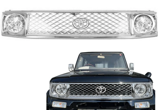 Fits Toyota Land Cruiser Prado 71/78 Series Round Eye Conversion Kit - Matte Black Mesh Grille, Emblem Stay & 7-inch Crystal Headlights Set