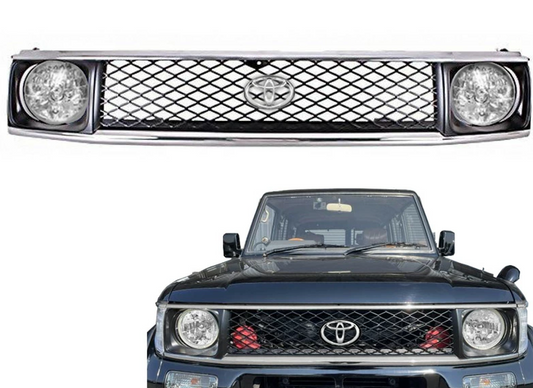 Fits Toyota Land Cruiser Prado 71/78 Series Round Eye Conversion Kit - Chrome & Black Vintage Grille, Emblem Stay & 7-inch Crystal Headlights Set
