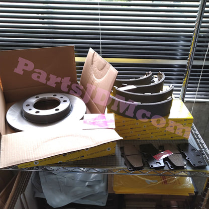 Front Brake Rotor and Pad Set + Rear Brake Shoe Set for Toyota Land Cruiser Prado KZJ71G / KZJ78G – Made in Japan by MK Kashiyama – Painted Finish