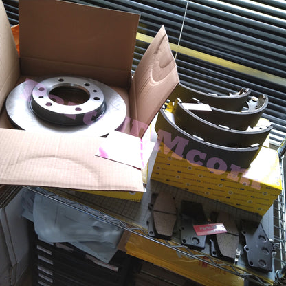 Front Brake Rotor and Pad Set + Rear Brake Shoe Set for Toyota Land Cruiser Prado KZJ71G / KZJ78G – Made in Japan by MK Kashiyama – Painted Finish